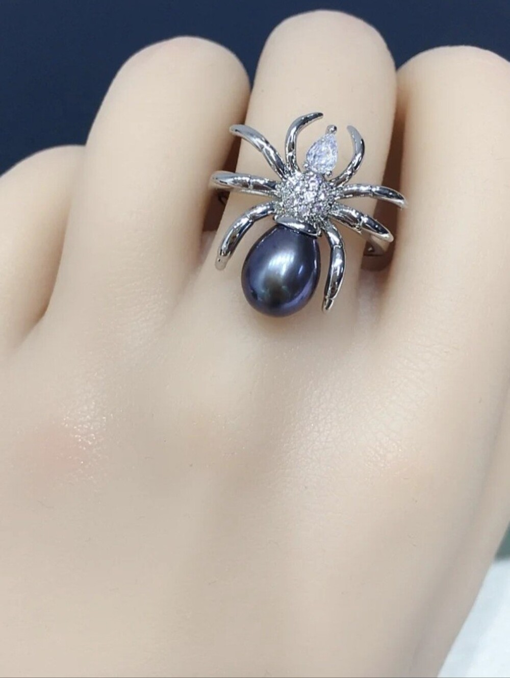🕷🕷NEW🕷🕷 GORGROUS!! BLACK FRESHWATER PEARL CZ Spider Adjustable Ring
